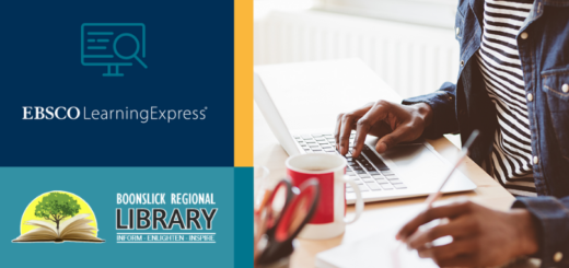 EBSCO Learning Express, BRL logo, with person typing on a laptop