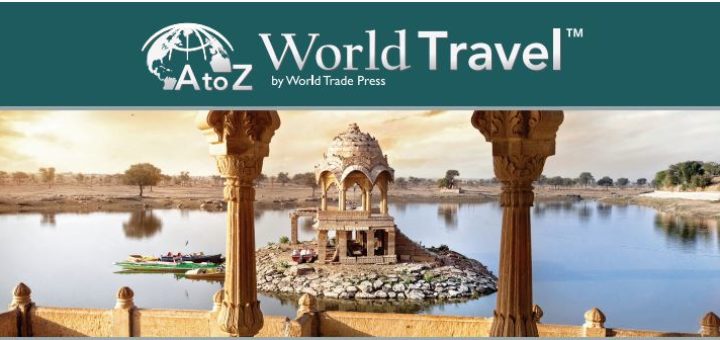 AtoZ World Travel logo with ancient building ruins surrounded by a lake