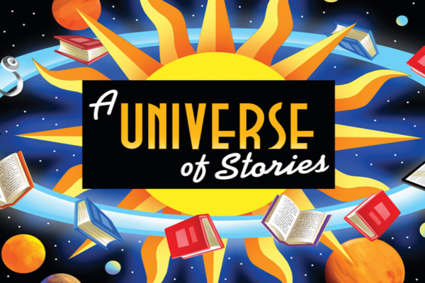 books circleing a bright sun, with the words 'A Universe of Stories' centered across the sun