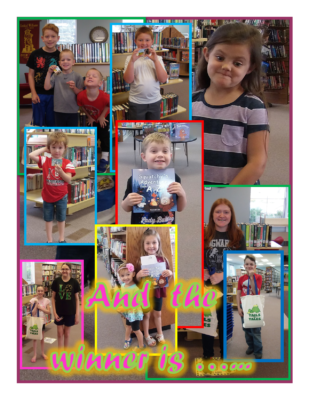 Photo collage of children showing off their bags of books and gift card prizes.
