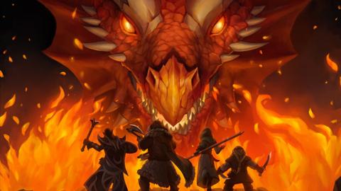 4 human figures standing in front of flaming dragon head